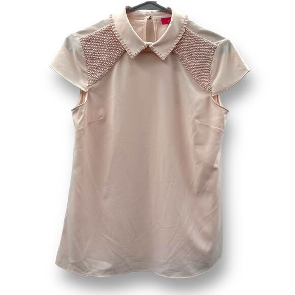 Catherine Malandrino Light‎ Pink Collared Bead Embellishment Short Sleeve Top XS - Picture 1 of 8